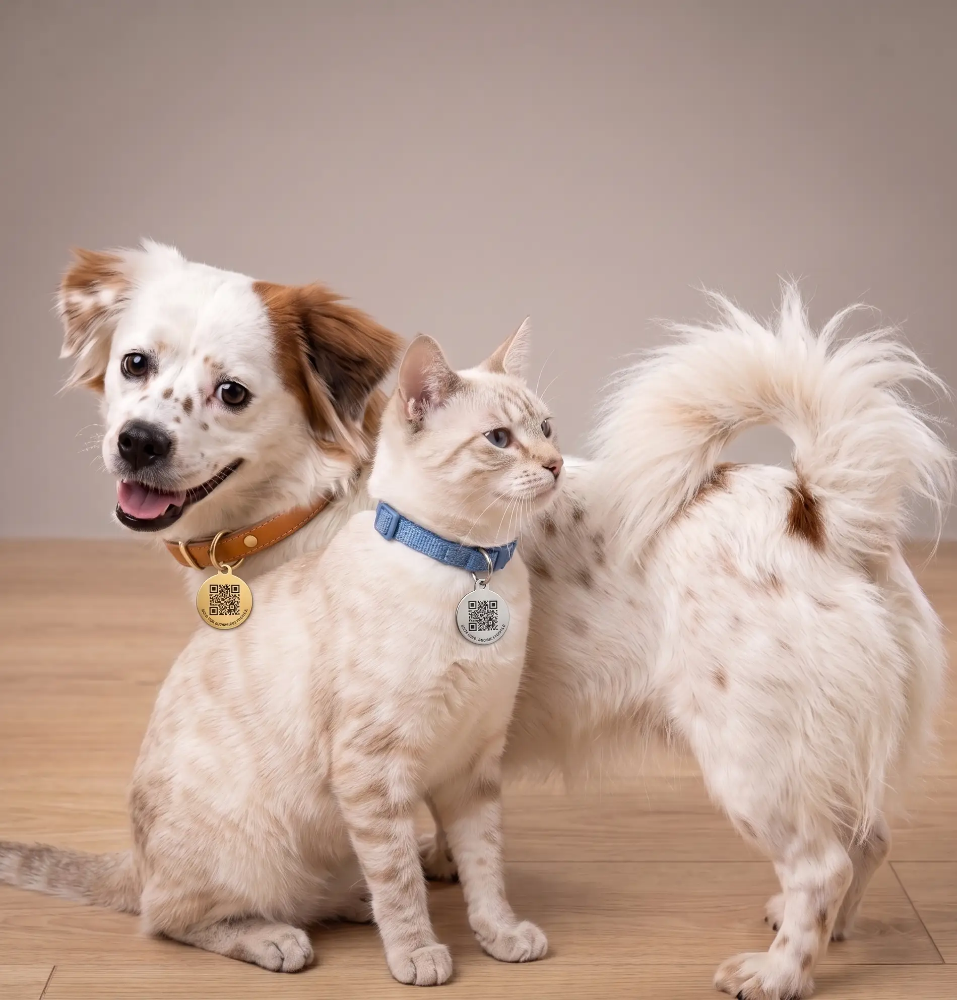 A dog and a cat both wearing Pawdex QR collar tags — digital pet passport for Filipino dogs and cats