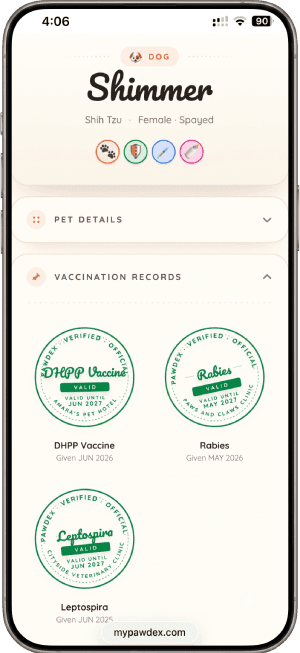 Shimmer's vaccination records in the Pawdex app — vet-verified vaccine stamps with expiry dates