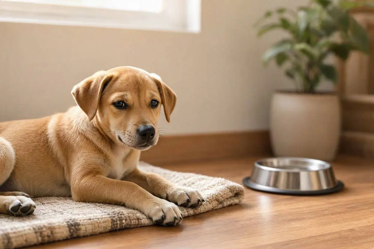A newly adopted rescue dog resting calmly in a quiet corner of a Filipino home during its first week