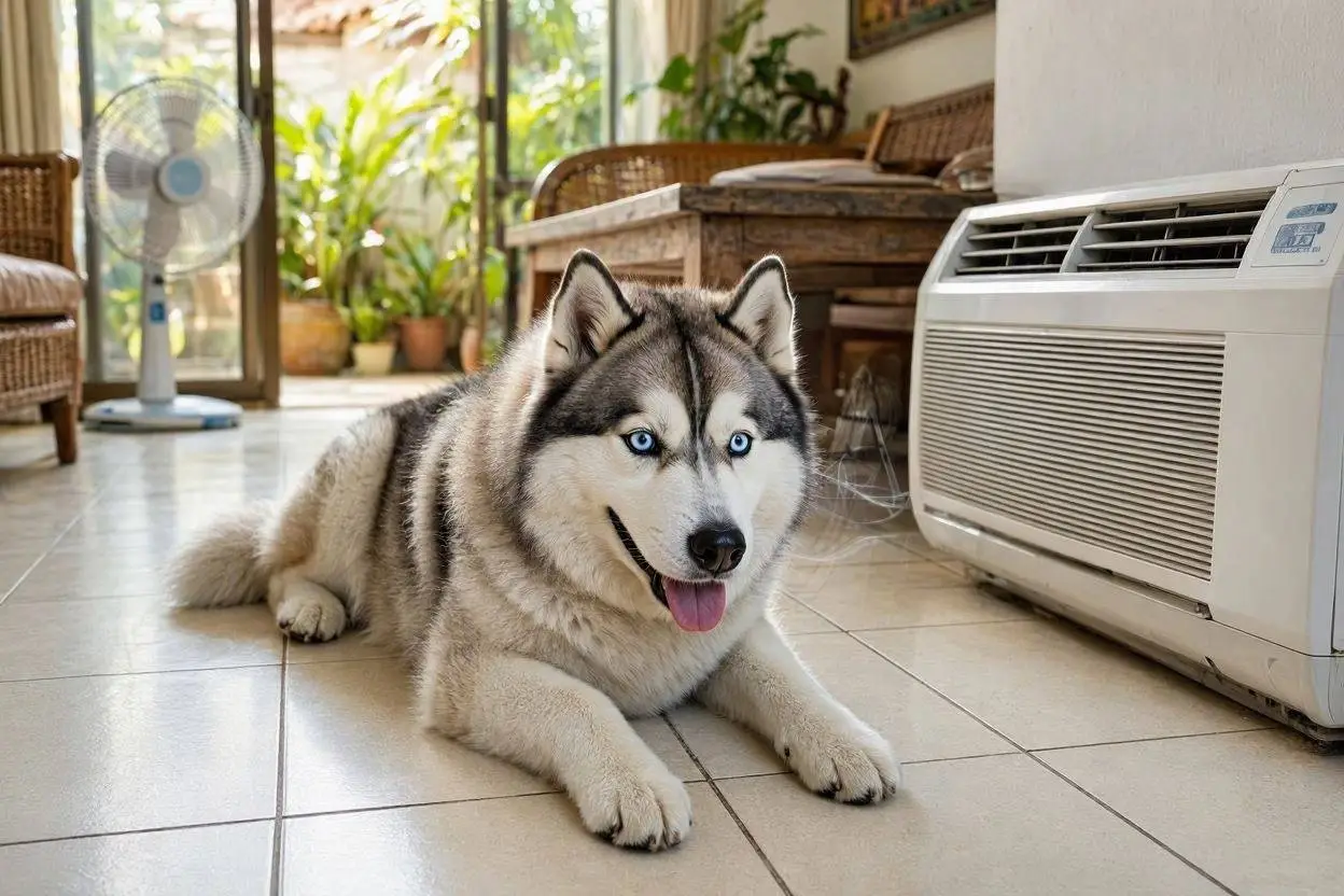 A Siberian Husky lying in front of an air-conditioner in a Filipino home, tongue out, keeping cool