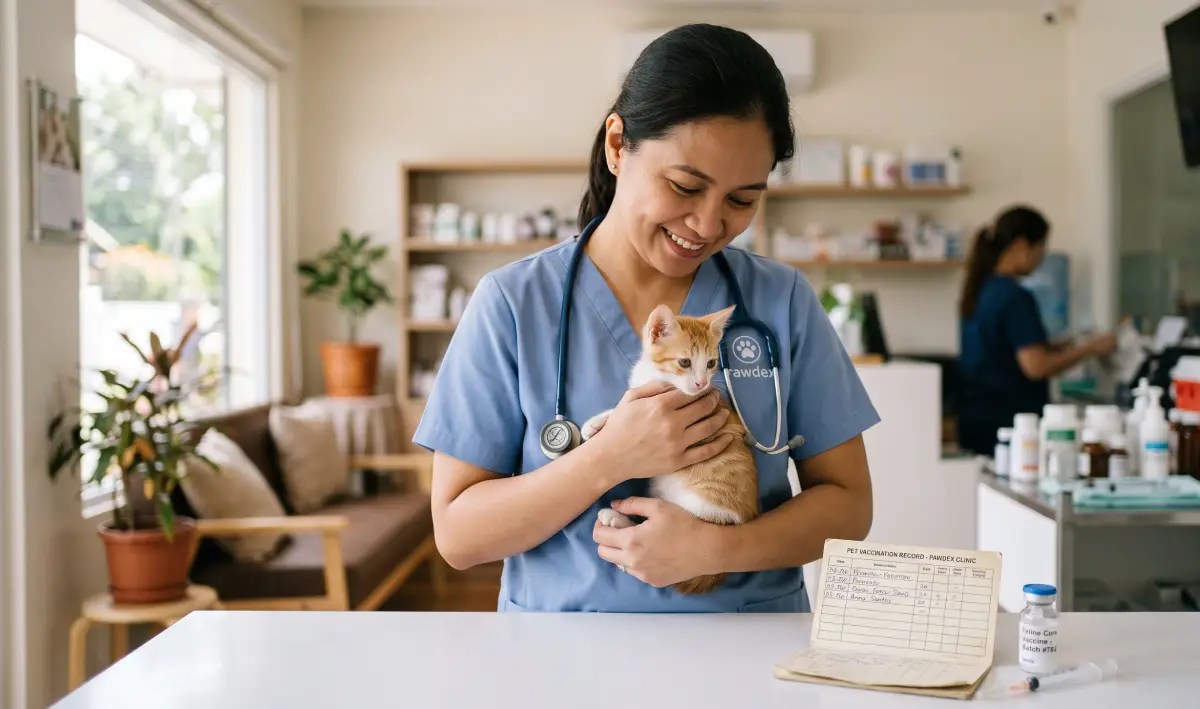 A young kitten being gently held by a veterinarian in a Philippine clinic, with a vaccination record card on the table