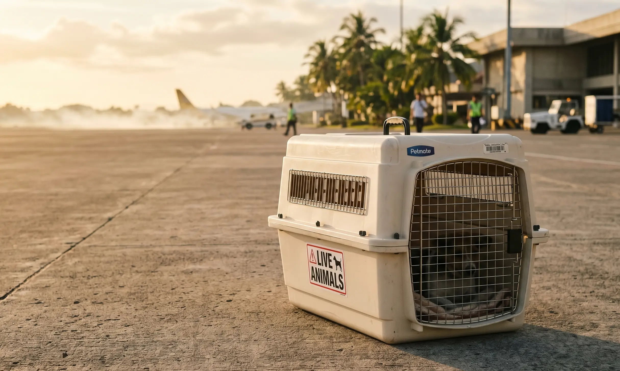 An IATA-compliant pet travel crate sitting on a Philippine airport tarmac at sunrise, with a small label reading "Live Animals" visible on the side