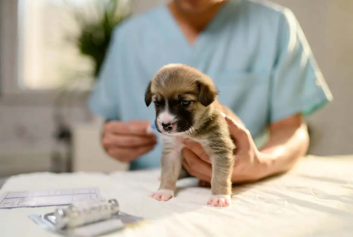 A small puppy receiving a vaccination at a veterinary clinic in the Philippines, with a calm vet and a hand-held vaccine card visible