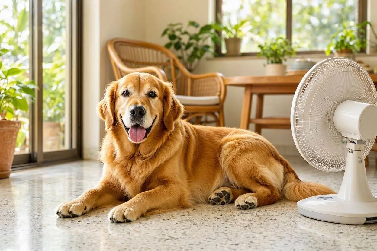 A happy Golden Retriever lying on a cool floor beside an electric fan in a Filipino home