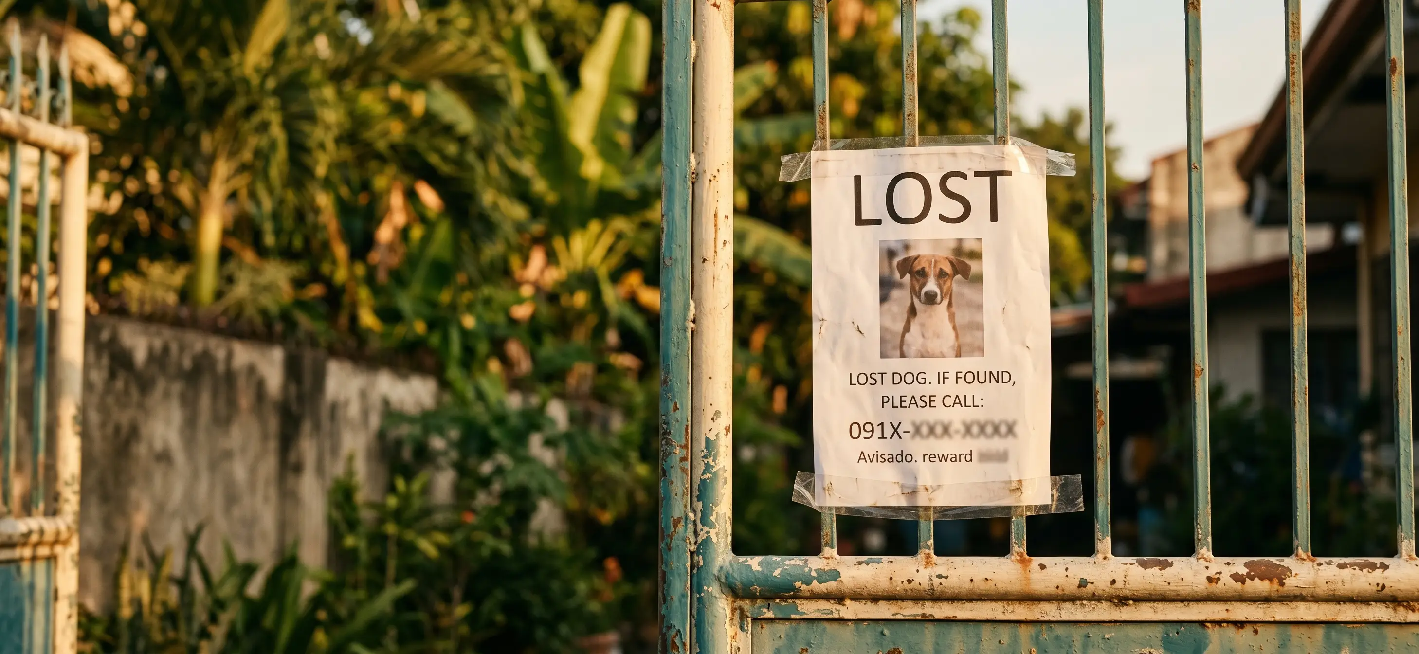 A printed lost-dog flyer taped to a residential gate in a Philippine neighborhood at golden hour