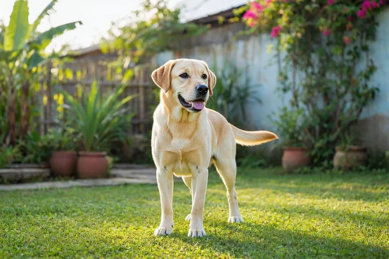 A lean, healthy Labrador Retriever standing on grass in the cool morning light in the Philippines