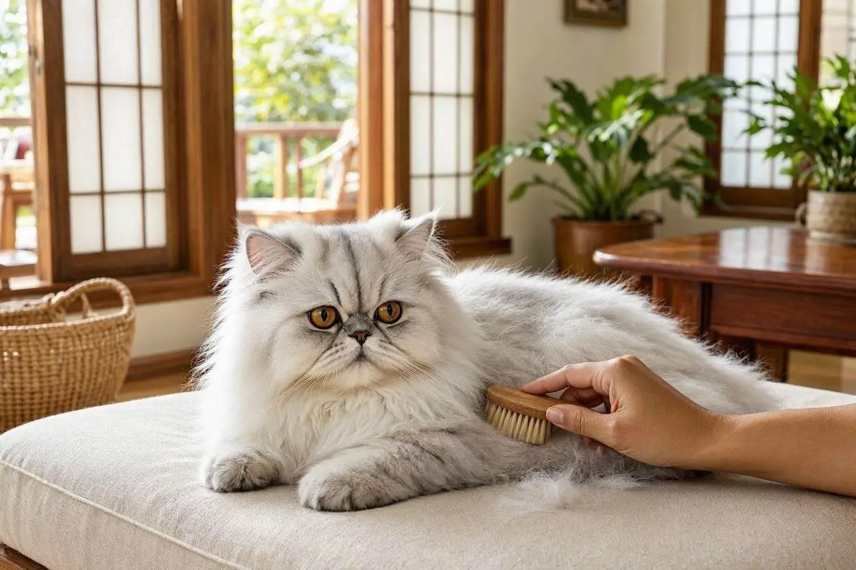 A fluffy white Persian cat with a flat face being gently brushed on a couch in a Filipino home