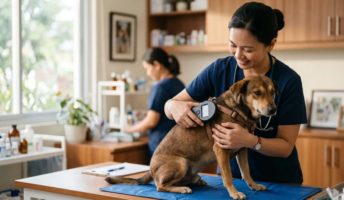 A veterinarian scanning a microchip reader over a calm dog's shoulders in a Philippine clinic