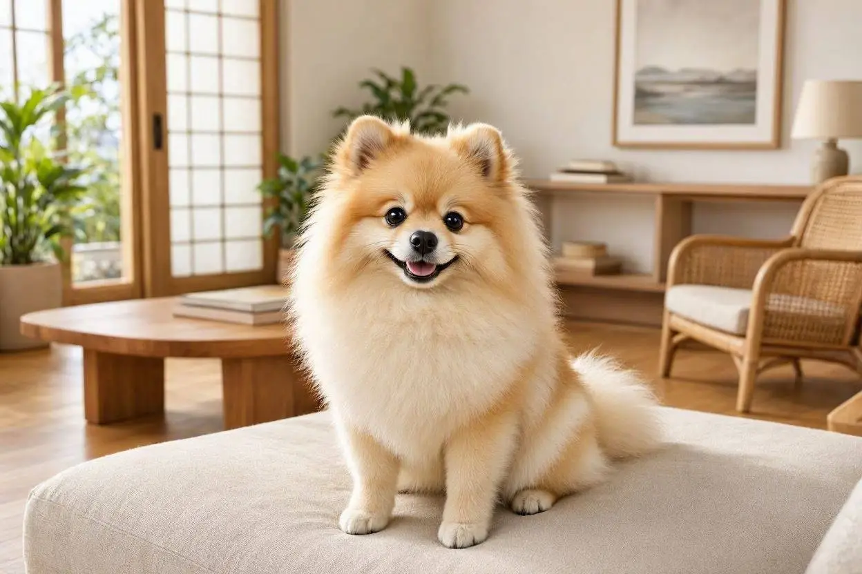 A fluffy Pomeranian with a well-kept double coat sitting on a couch in a bright Filipino home