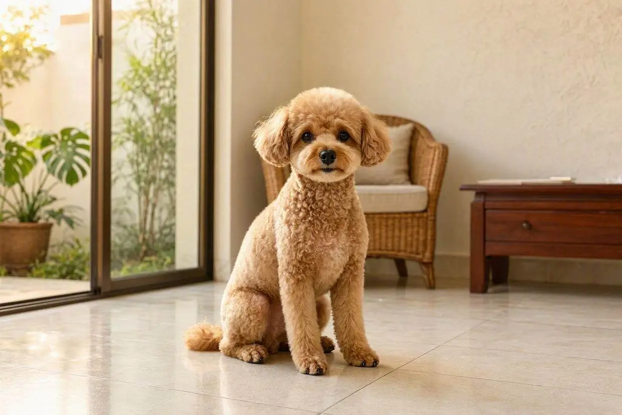 A neatly groomed apricot Toy Poodle sitting alertly on a tiled floor in a bright Filipino home