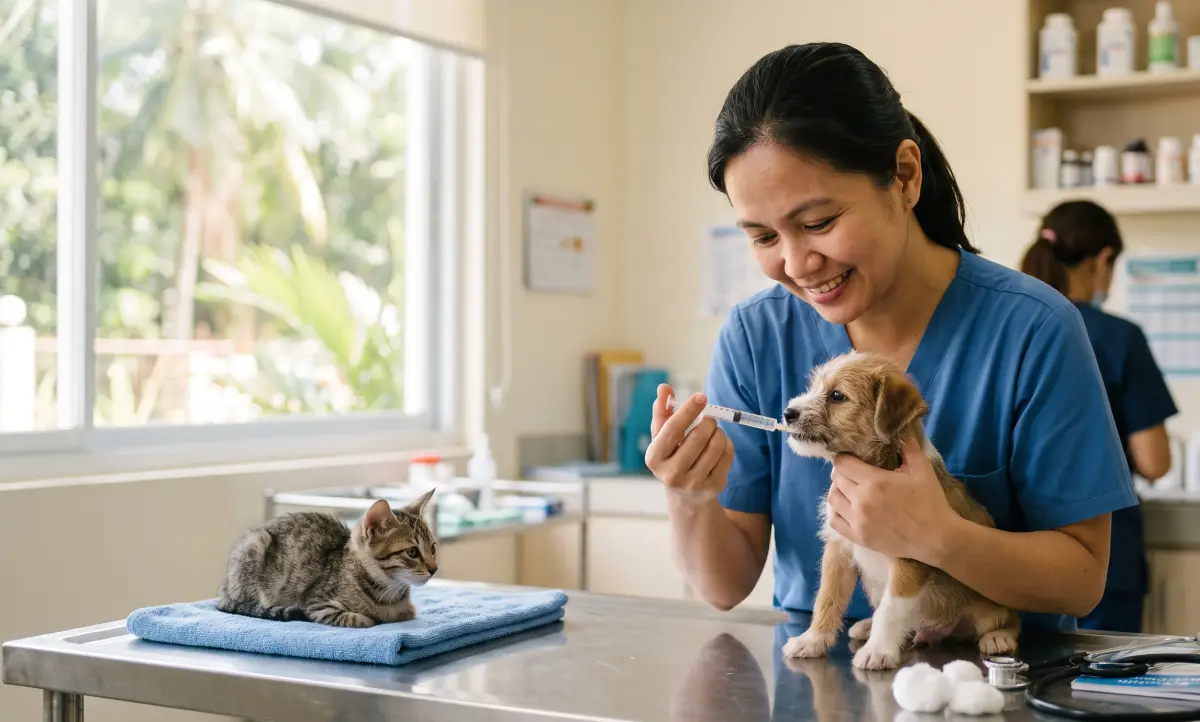 A veterinarian giving a small puppy an oral deworming syringe in a Philippine clinic, with a kitten resting nearby