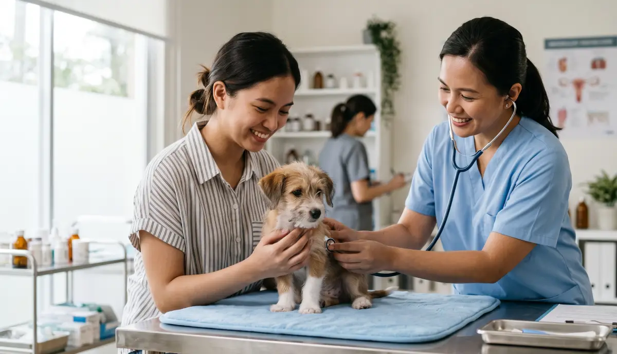 A first-time pet owner in the Philippines holding a puppy on the exam table while a veterinarian does a gentle check-up