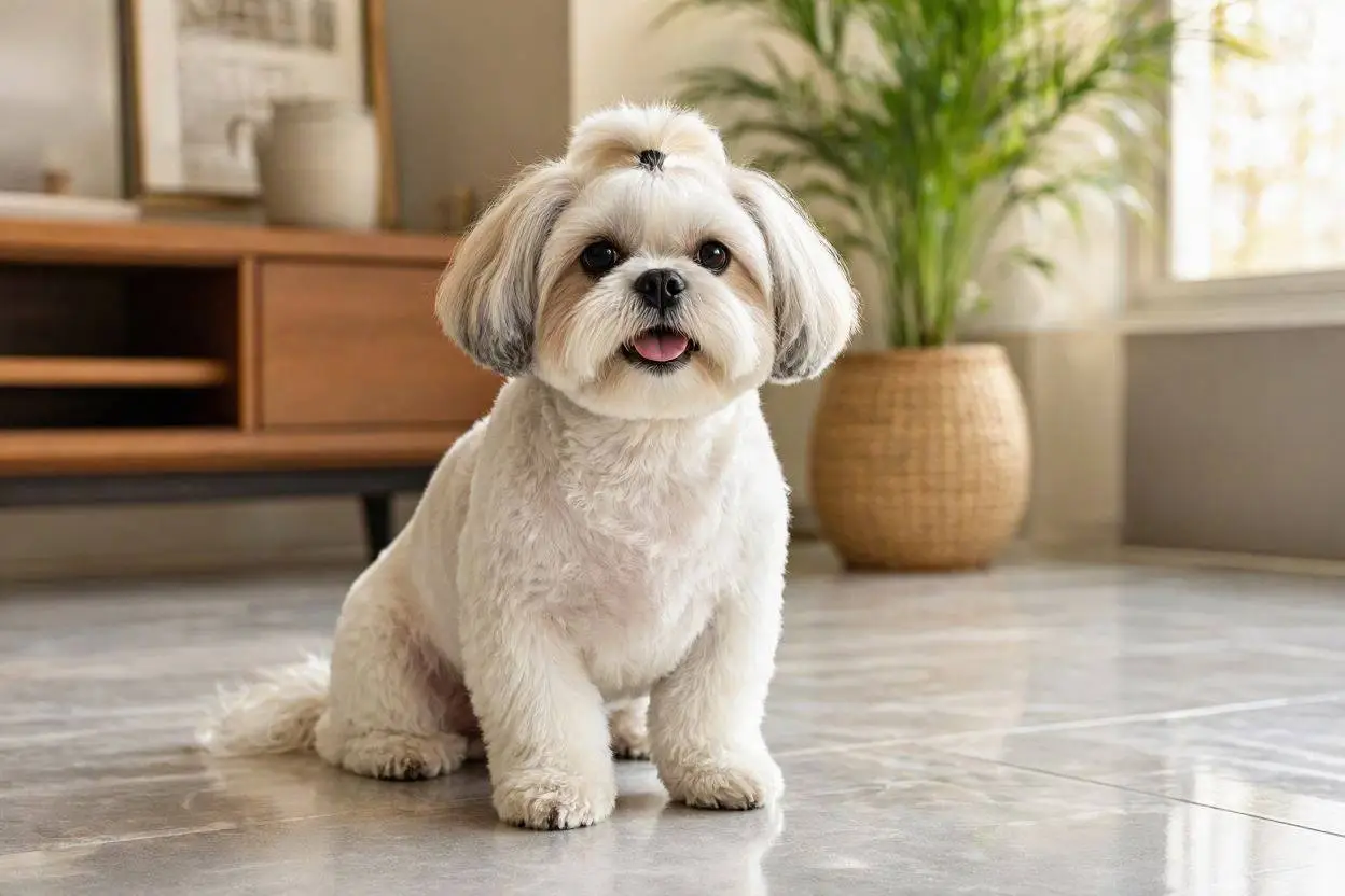 A well-groomed Shih Tzu with a puppy-cut coat resting on a cool tiled floor in a Filipino home