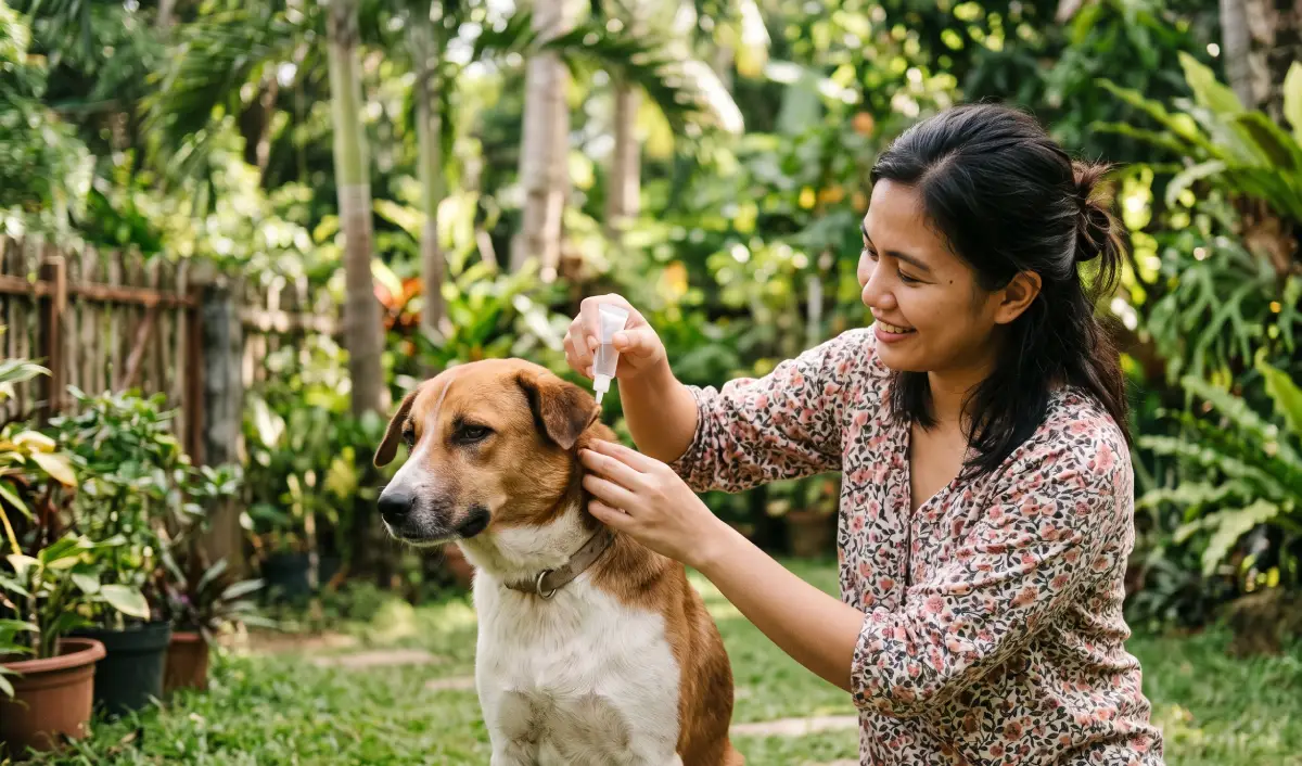 A dog owner in the Philippines applying spot-on tick and flea treatment to a calm dog's neck outdoors
